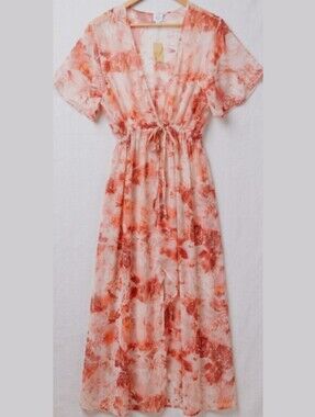 floral print chiffon summer maxi front tie coverup